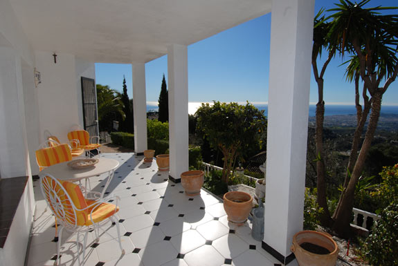 One of the many terraces at Villa del Corazon holiday villa in Mijas